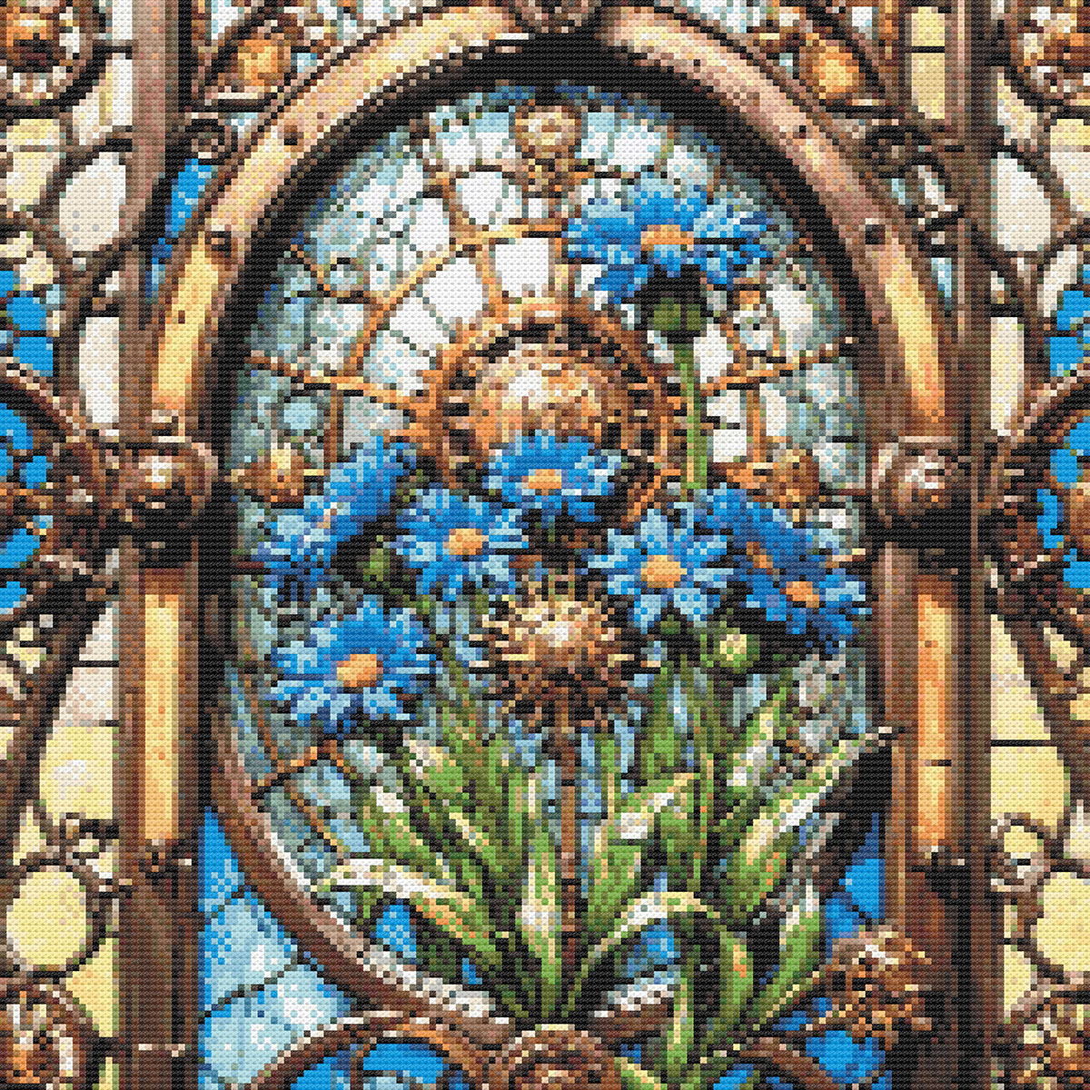 Blue Flowers and Stained Glass rendition image