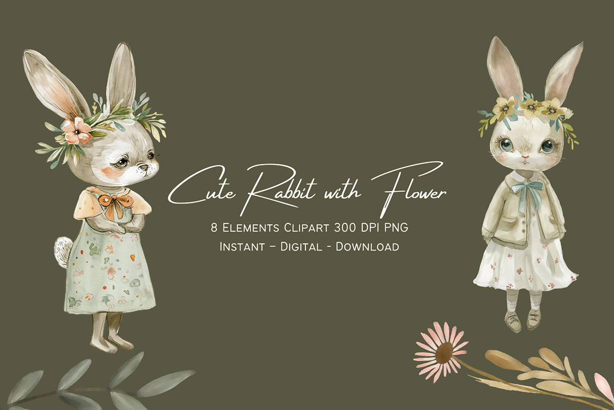 Cute Rabbit with Flower rendition image