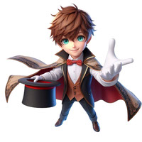 A 10 year old boy with blue eyes in magician costume 3D