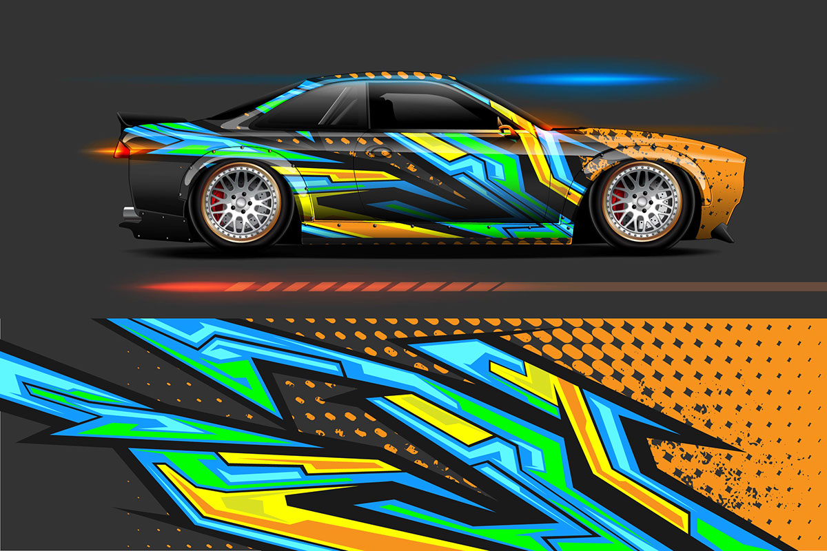 Vehicle vinyl wrap design with Racing stripe streak rendition image
