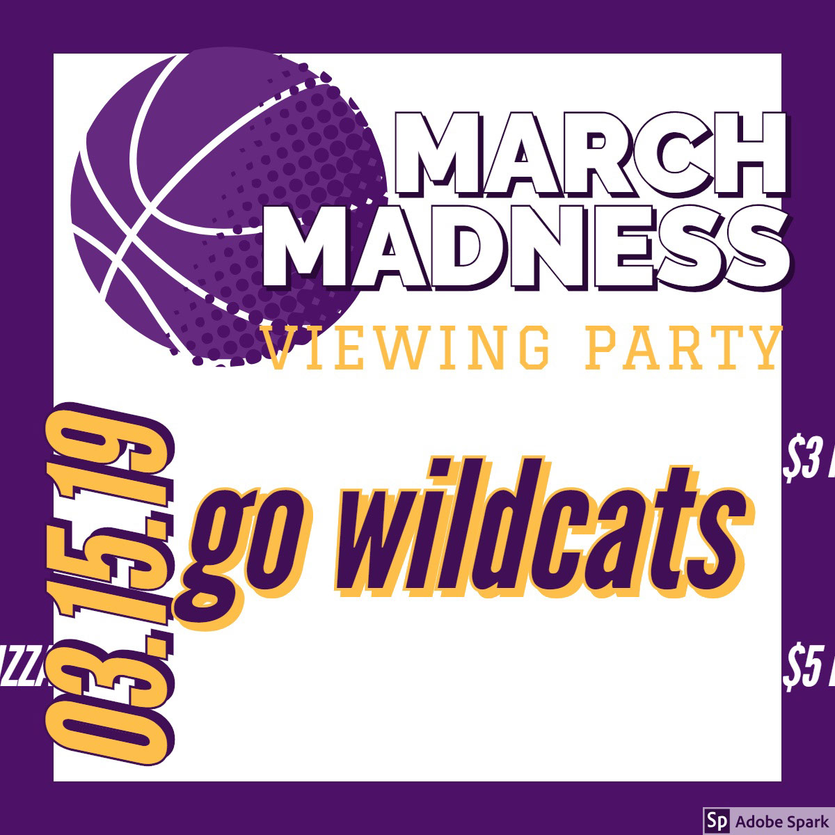 go wildcats go wildcats<P>MARCH MADNESS<BR><P>03.15.19<P>$5 WINGS<P>VIEWING PARTY<P>$5 HOUSE WINES<P>$3 PRETZELS<P>$10 PIZZA