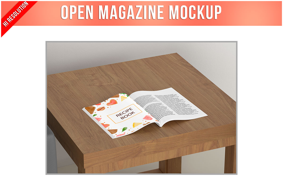 Magazine on a Wooden Table Mockup rendition image