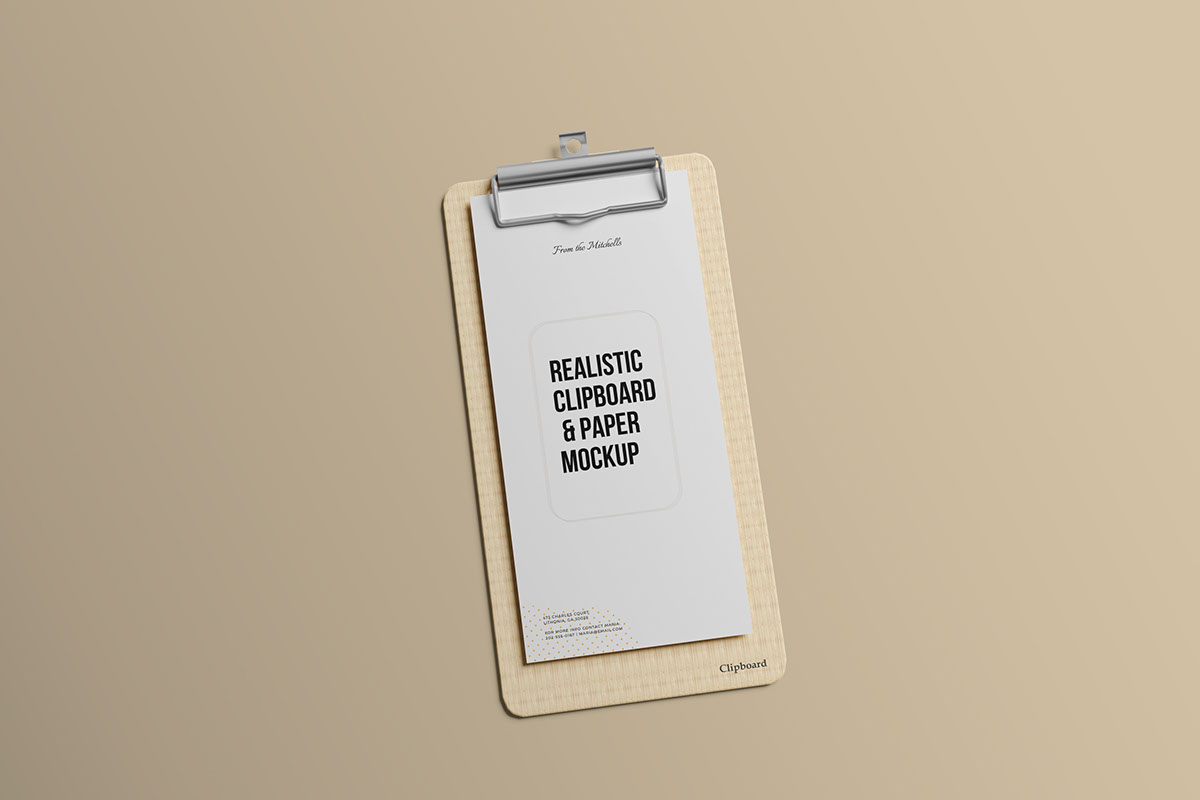 Realistic clipboard and paper mockup rendition image