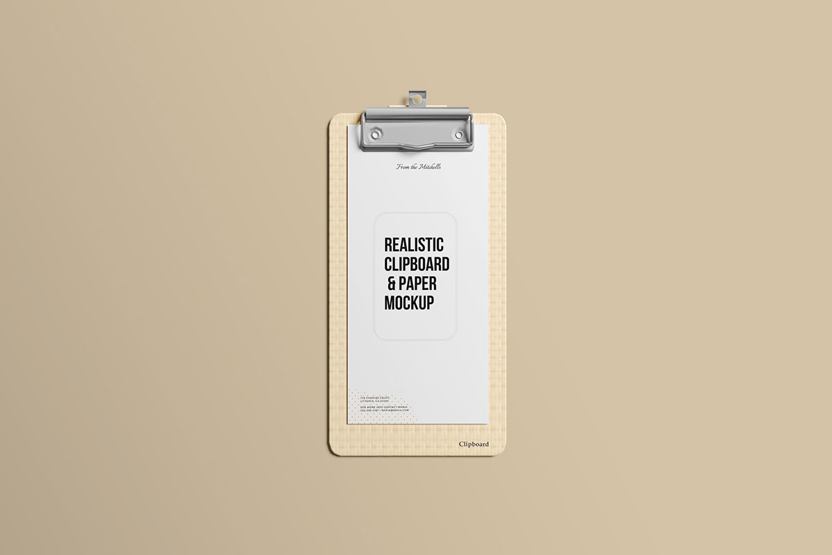 Realistic clipboard and paper mockup rendition image