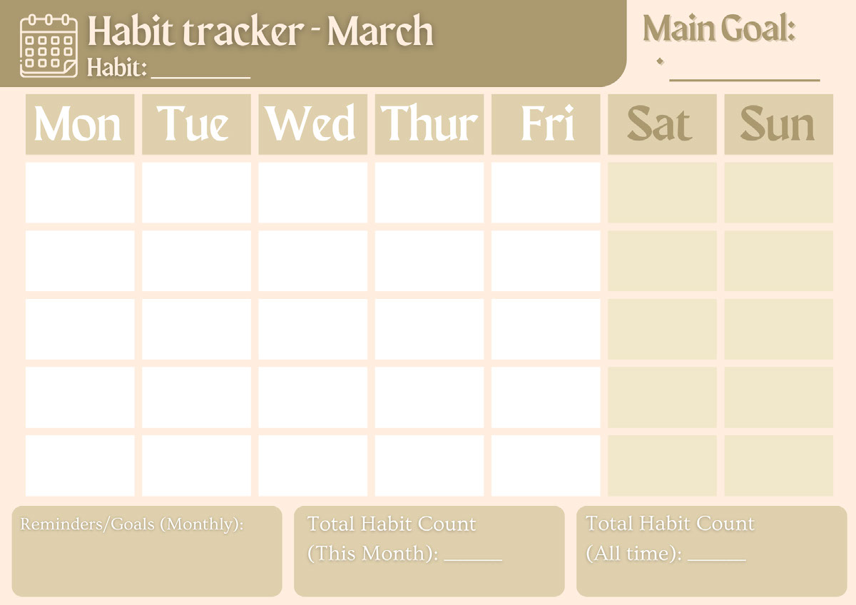 Printable Minimalistic Beige Habit Tracker By Month Customizable on