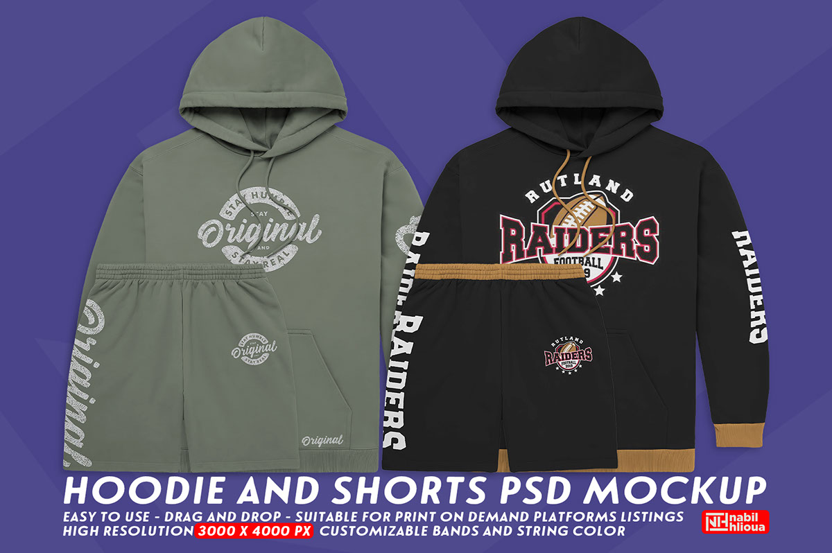 customizable Hoodie and shorts Mockup PSD template rendition image