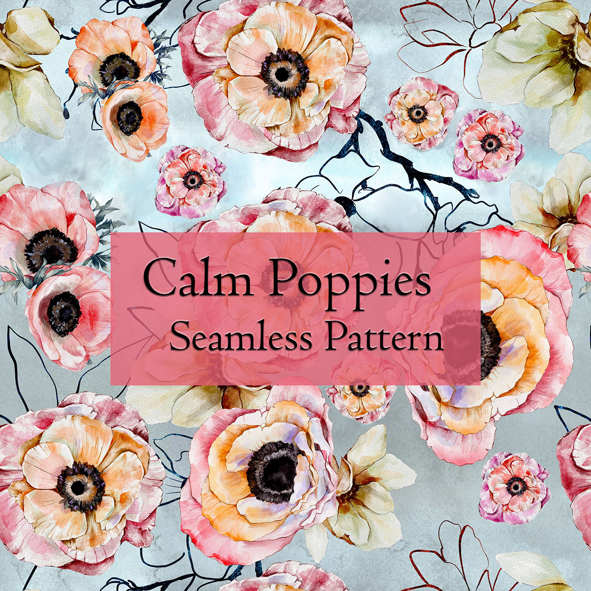 Calm Poppies seamless pattern 12x12 JPEG rendition image