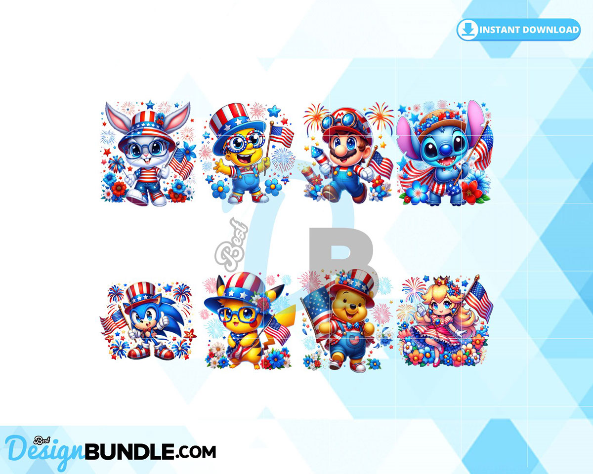 8 Funny Cartoon Fourth Of July Png Bundle rendition image