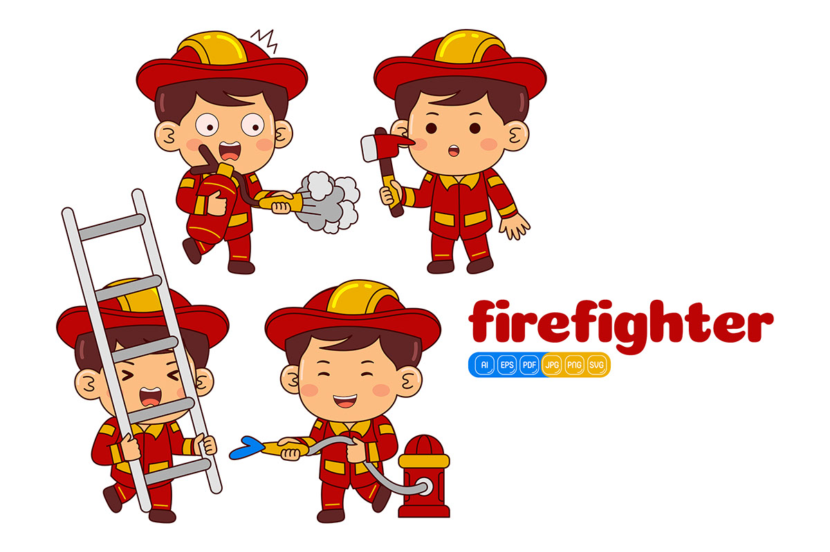 Kids Boy Firefighter Profession Vector Pack rendition image