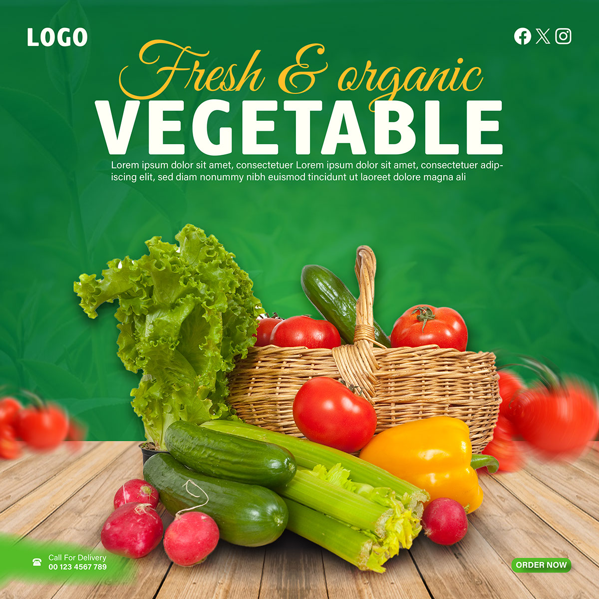 Fresh healthy food and vegetable social media post template rendition image