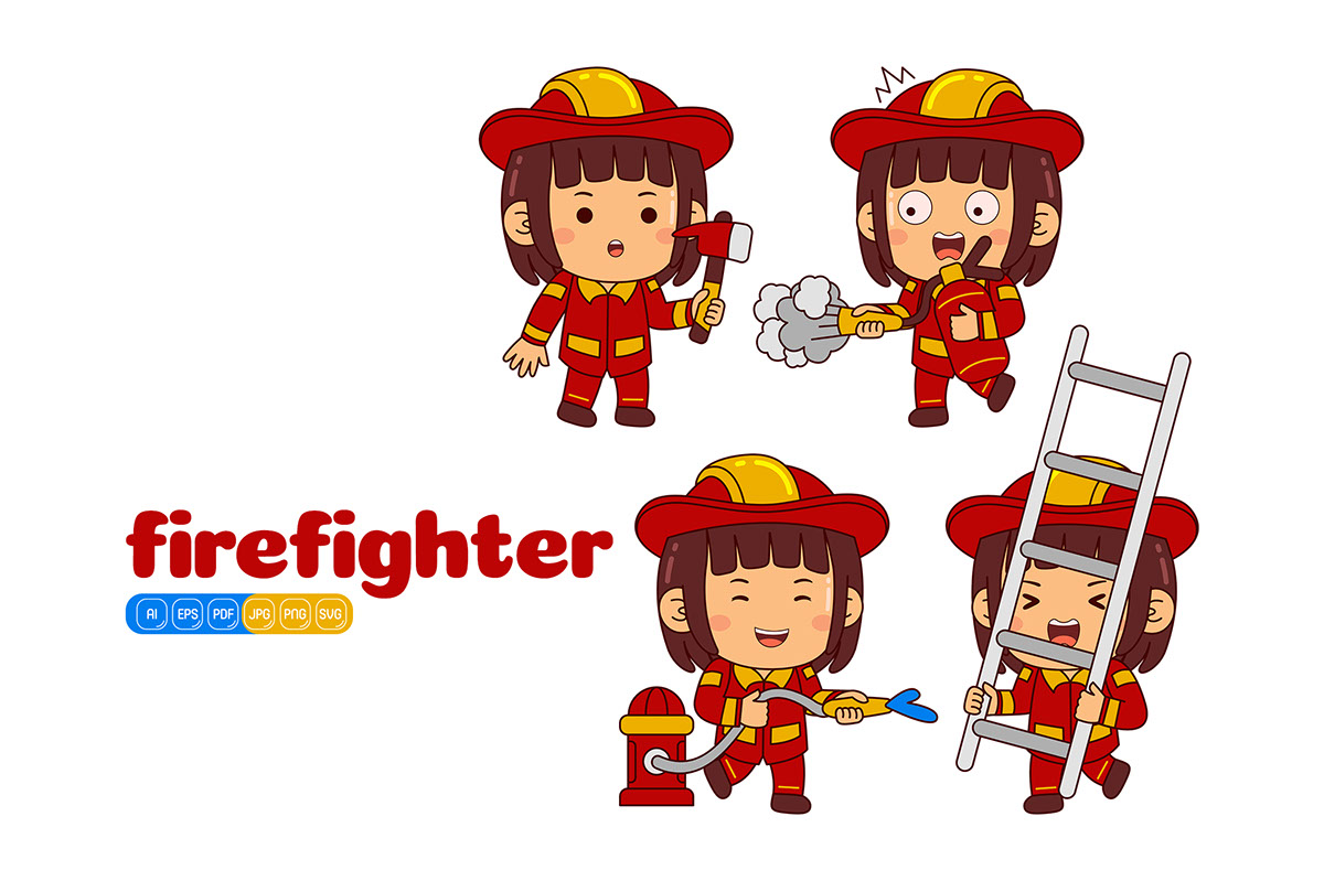 Kids Girl Firefighter Profession Vector Pack rendition image