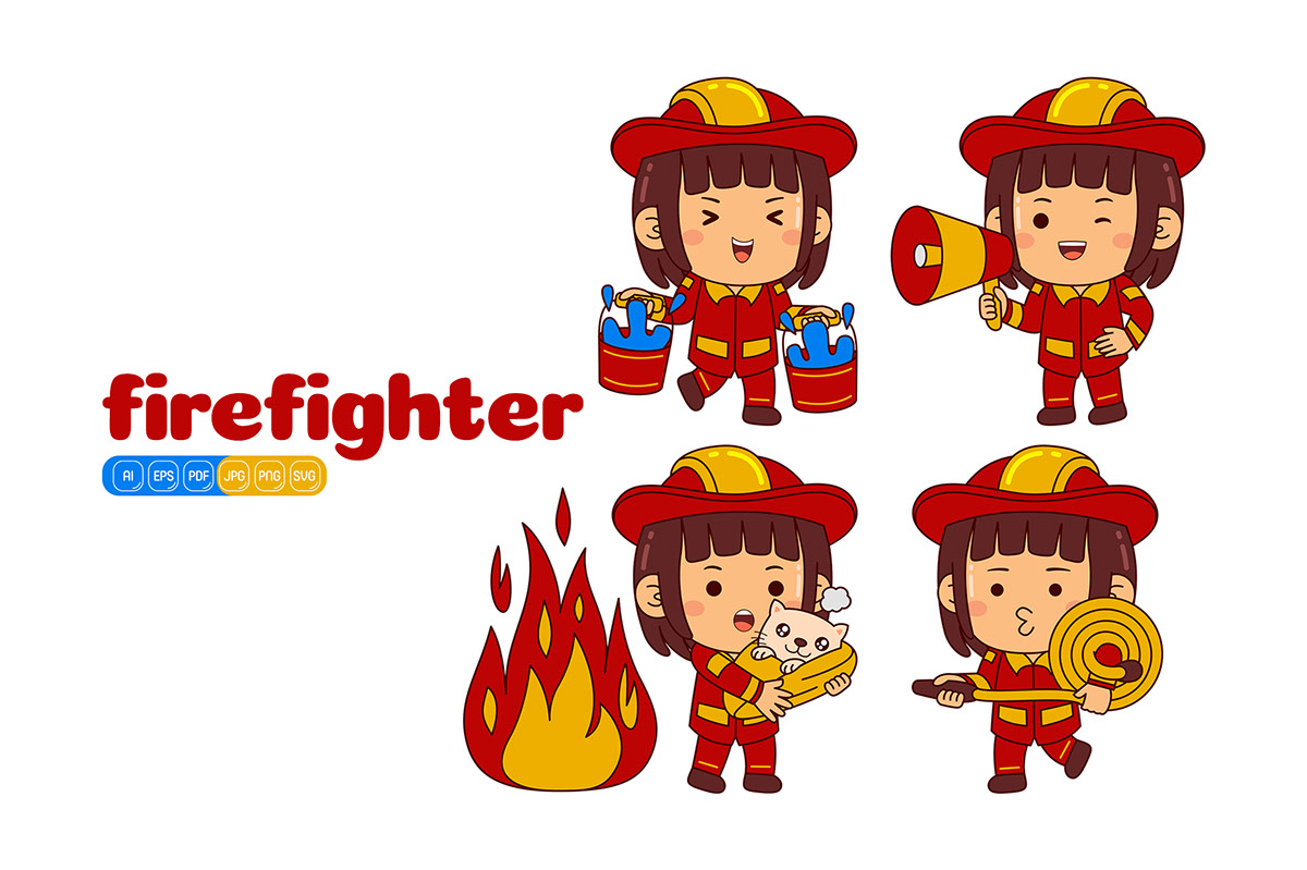 Kids Girl Firefighter Profession Vector Pack rendition image