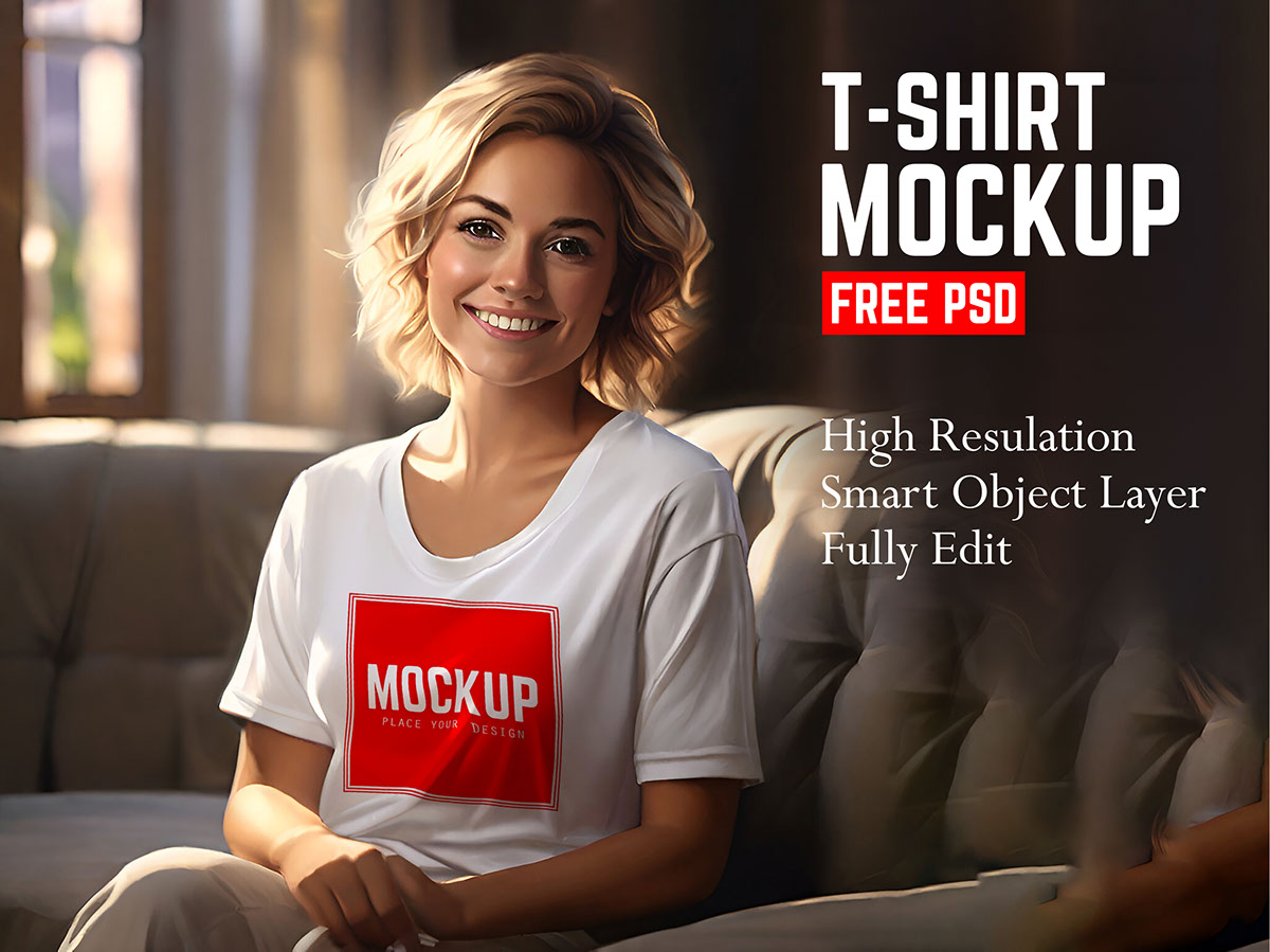 British lady clad in white halfsleeve T-shirt mockup psd rendition image