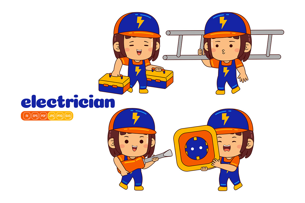 Kids Girl Electrician Profession Vector Pack rendition image