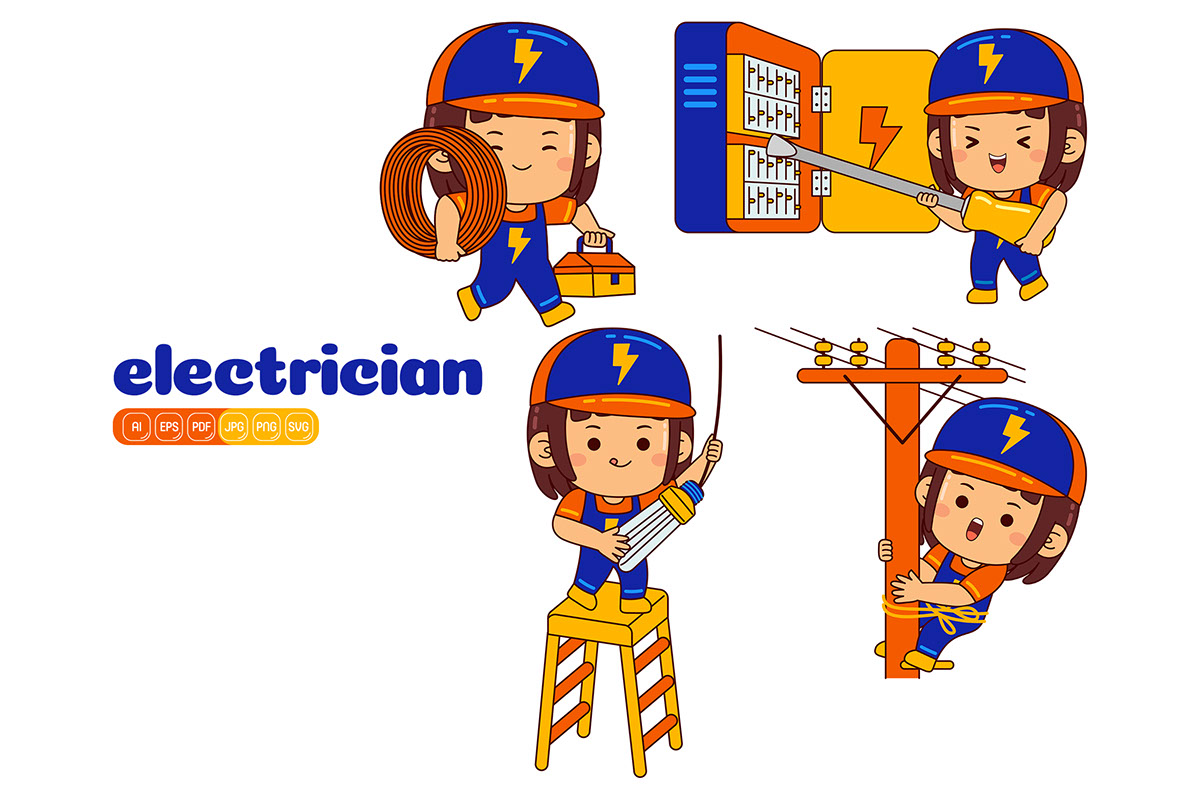Kids Girl Electrician Profession Vector Pack rendition image