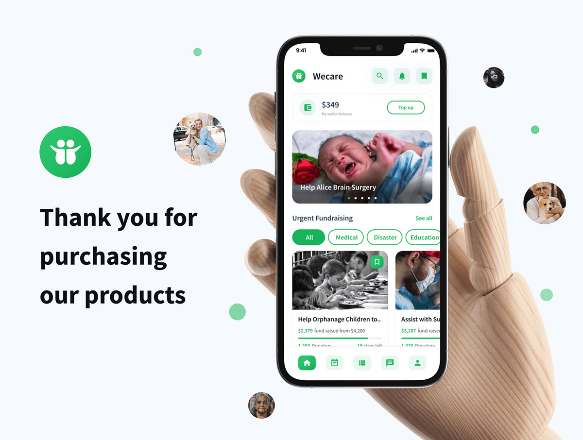 Wecare - Donation Charity and Fundraising App UI Kit rendition image