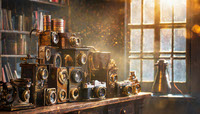 Firefly a collection of steampunk style cameras stacked on a bookshelf with dramatic sunlight stream_2