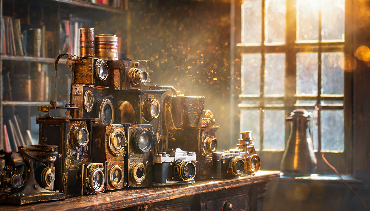 Firefly a collection of steampunk style cameras stacked on a bookshelf with dramatic sunlight stream_2 rendition image