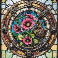 Hollyhocks and stained glass