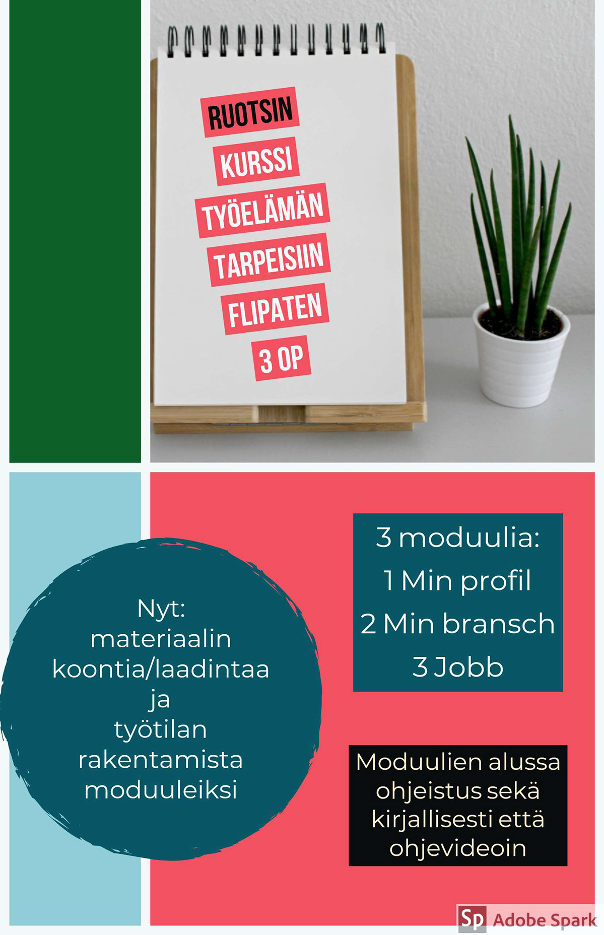 Nyt: materiaalin koontia/laadintaa ja työtilan rakentamista moduuleiksi Nyt: materiaalin koontia/laadintaa ja työtilan rakentamista moduuleiksi
Ruotsin kurssi työelämän tarpeisiin flipaten 3 op
3 moduulia: 1 Min profil
2 Min bransch
3 Jobb
Moduulien alussa ohjeistus sekä kirjallisesti että ohjevideoin