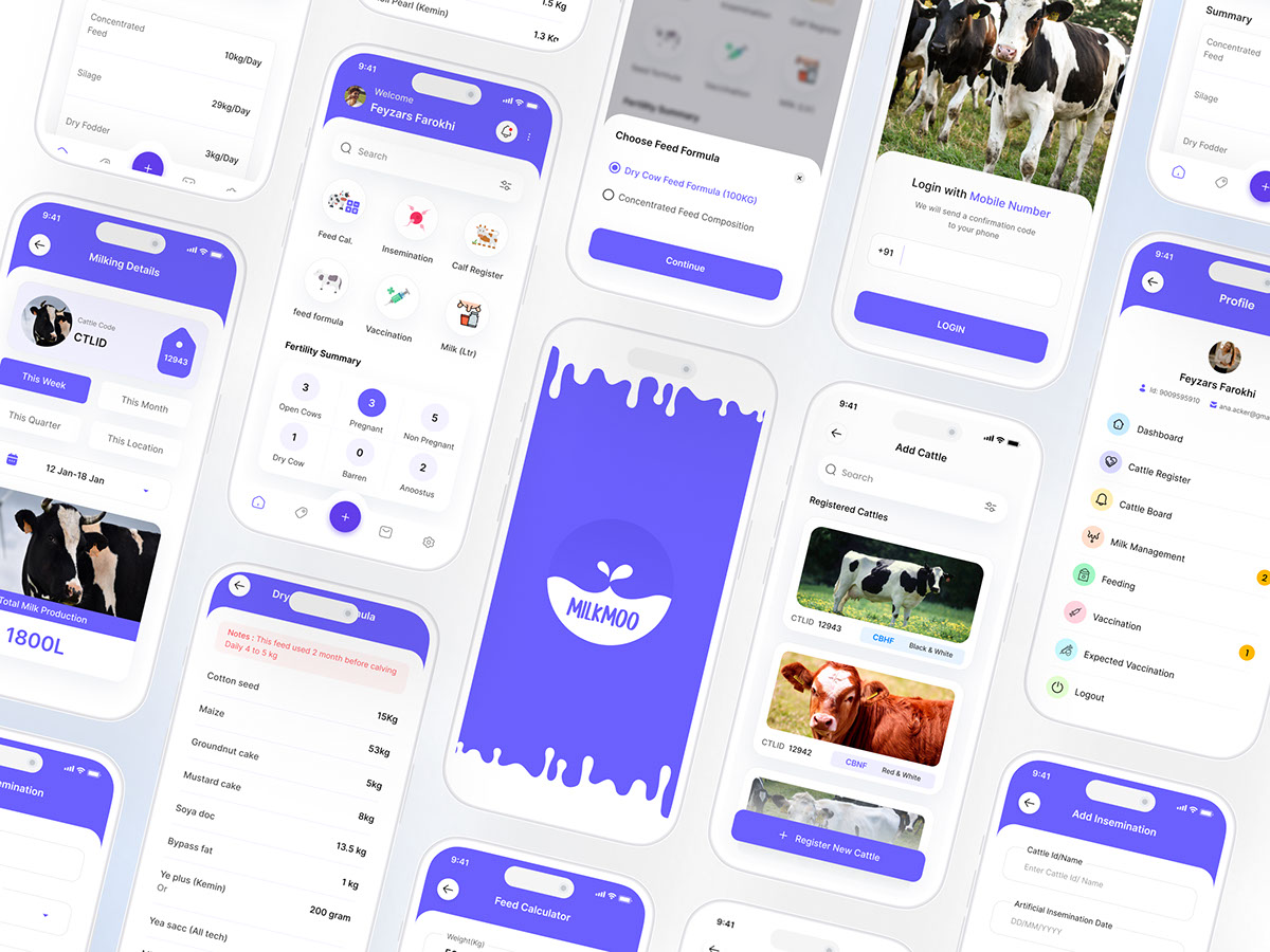 Dairy Farm Management Mobile App UI Design rendition image