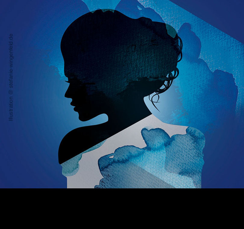 Silhouette-black-on-blue-background-with-watercolor-elements rendition image