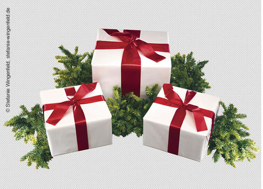3-gifts-on-fir-branches-isolated-Photoshop-file rendition image