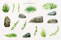 Watercolor Landscape design Greenery and Stones