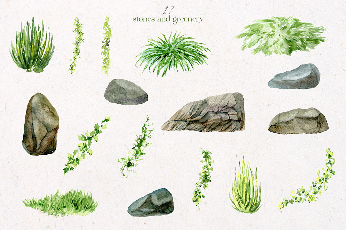 Watercolor Landscape design Greenery and Stones rendition image