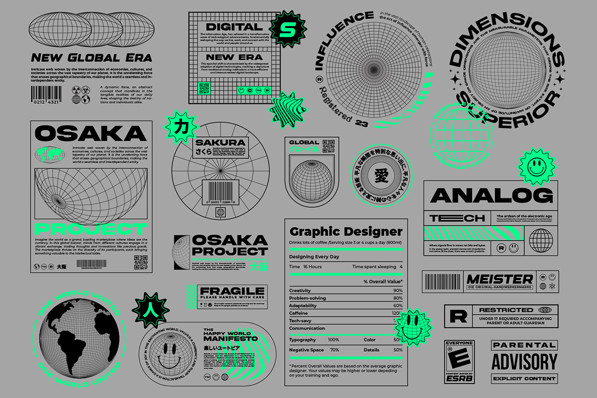 50 Retro Futuristic Brutalist Badges Graphics rendition image