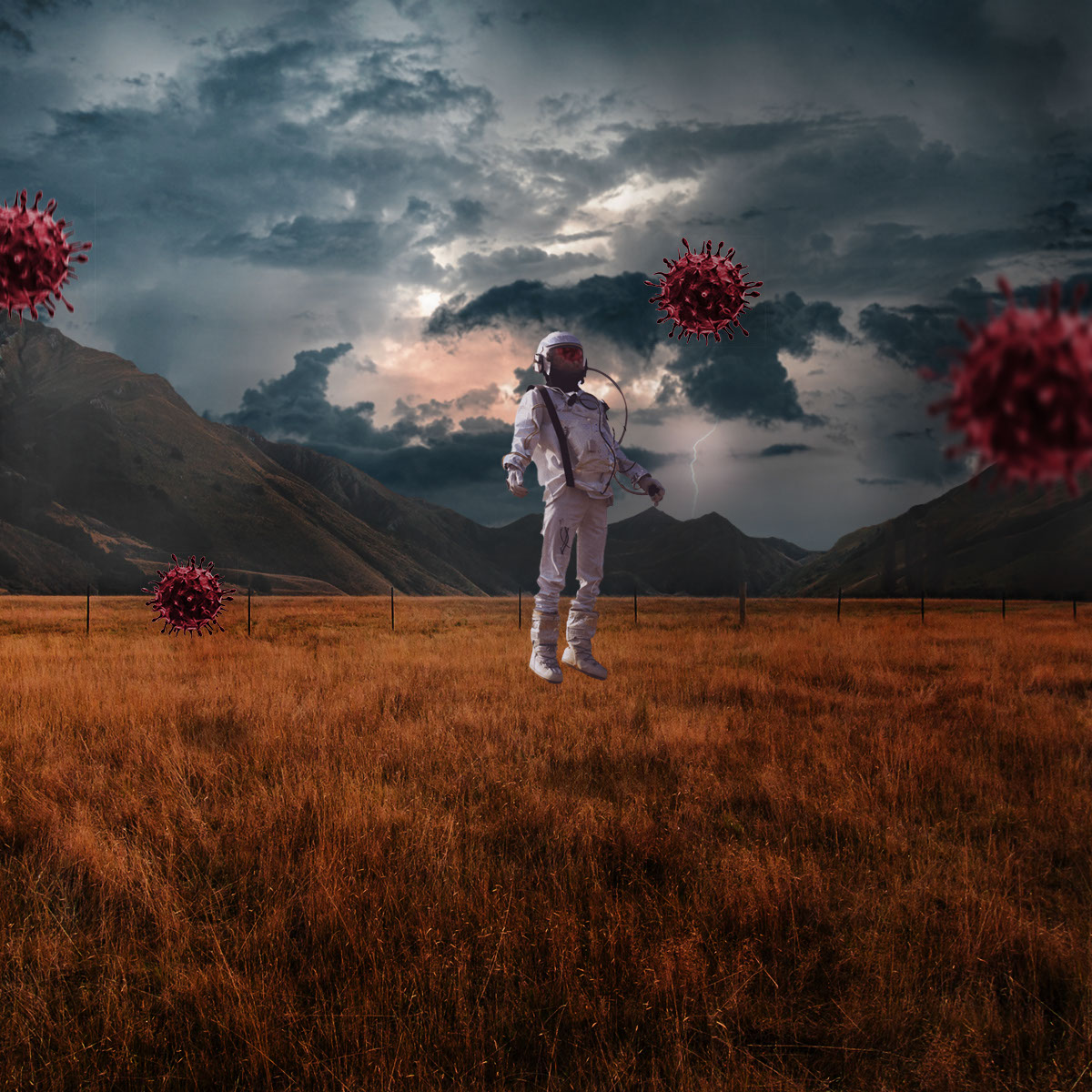 Photomanipulation of an astronaut flying on a field rendition image