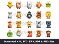 Animal icons collection inflated vector illustration