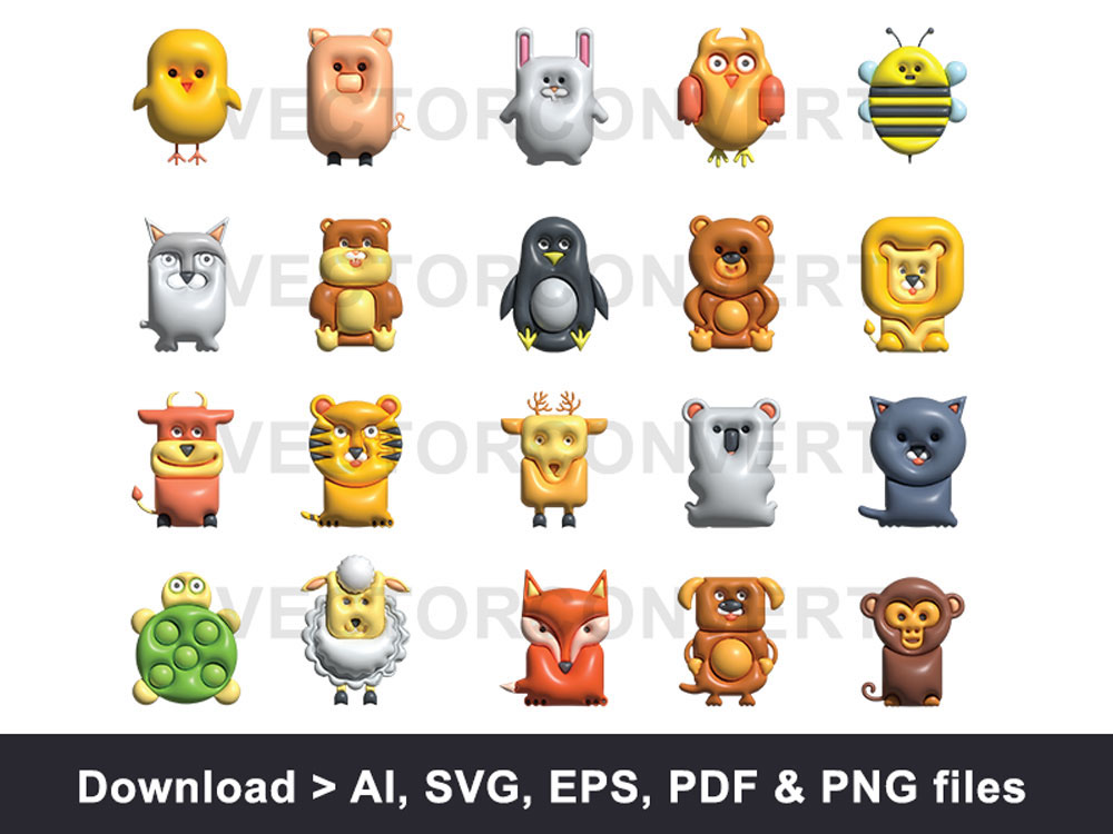 Animal icons collection inflated vector illustration rendition image