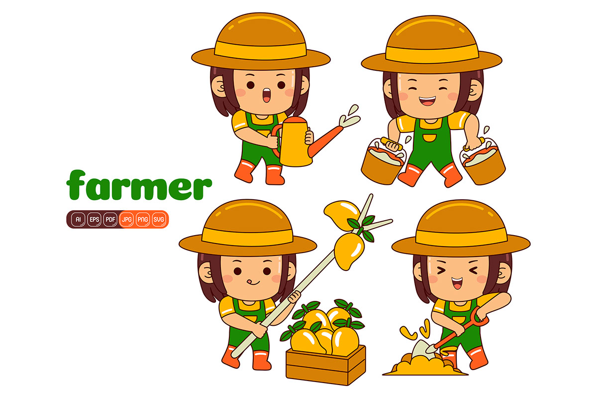 Kids Girl Farmer Profession Vector Pack rendition image