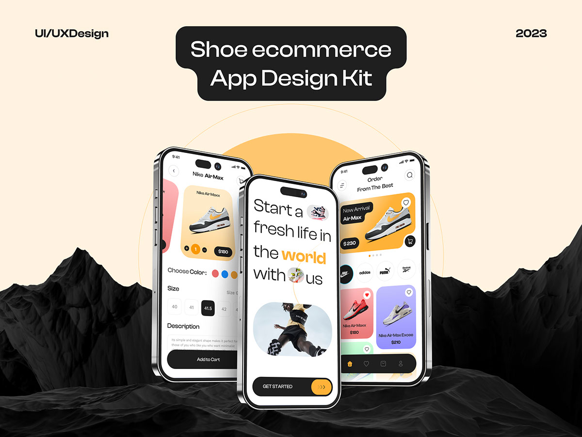 Ecommerce Shoe Mobile App UI Kits Design rendition image