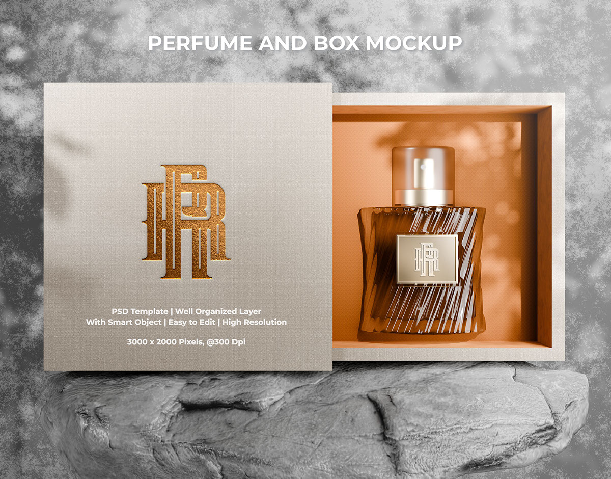 Bottle Perfume and Box Mockup rendition image