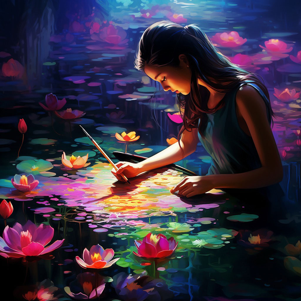 a painter painting some water lilies with different colors rendition image