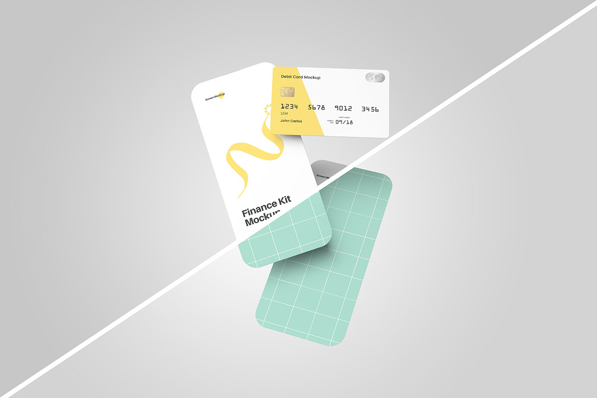 Floating Screen and Debit Card Mockup rendition image