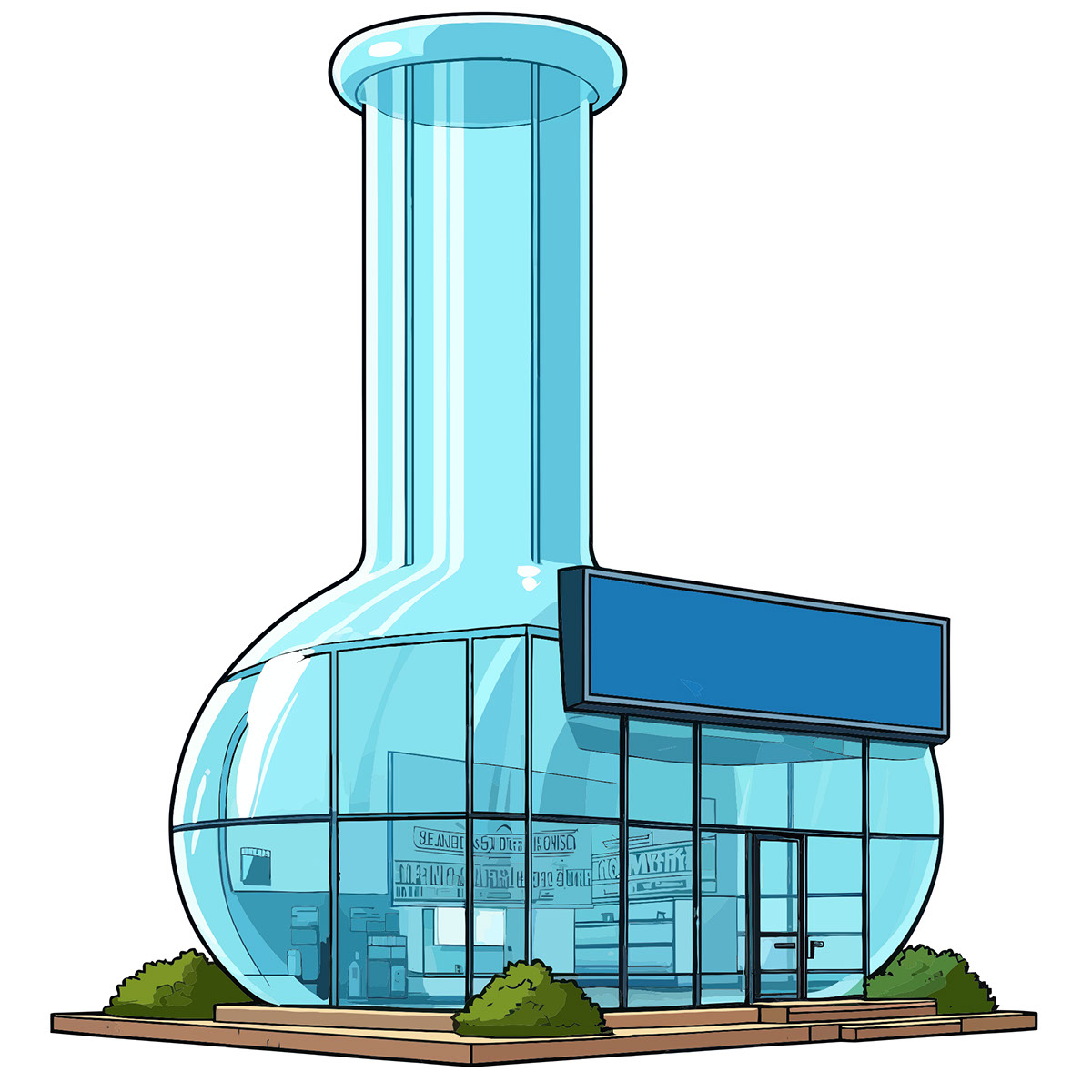 Vector Illustrated Cartoon Glass Bong Shaped Dispensary Building rendition image