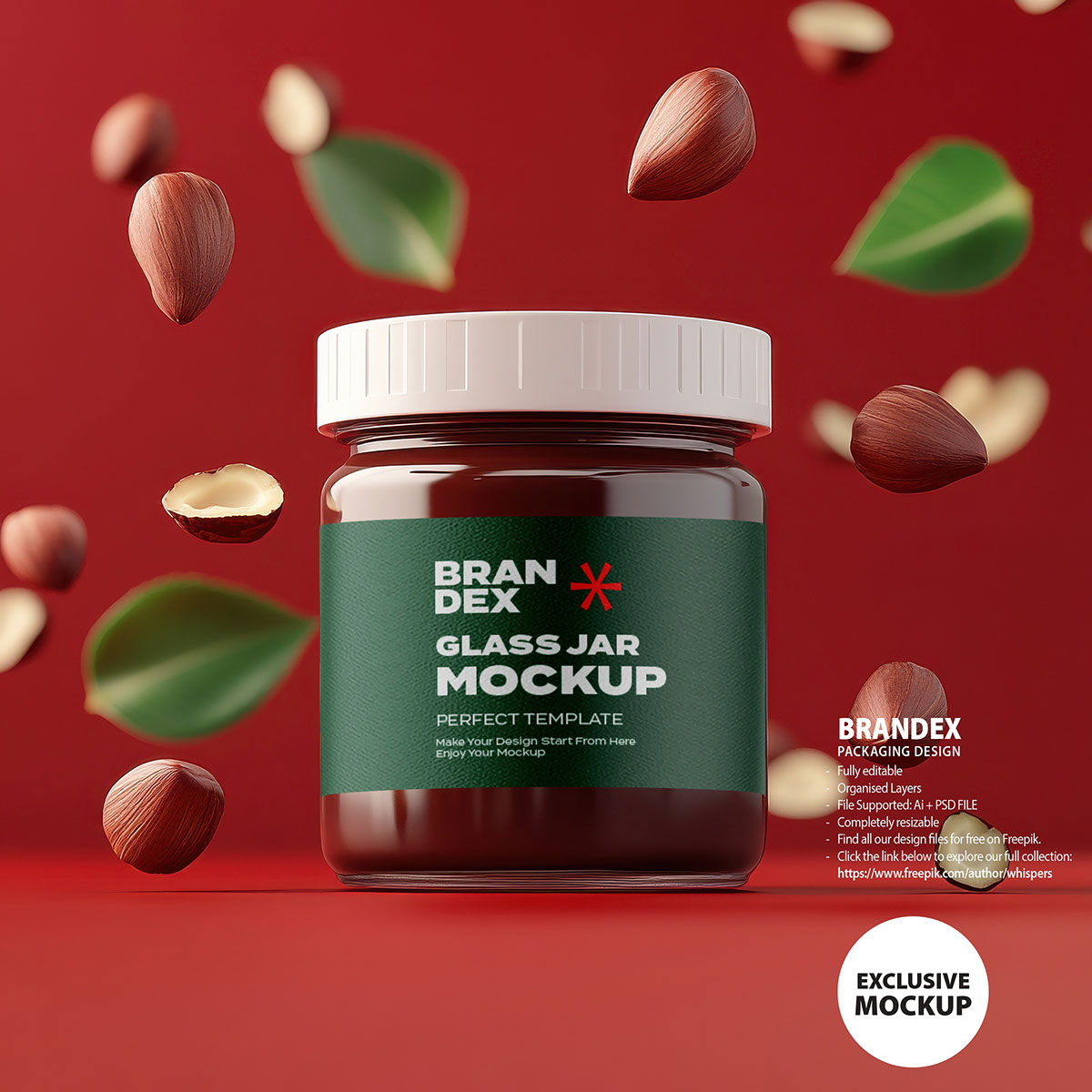 Hazelnut Butter Jar Mockup with Floating Hazelnuts and Leaves on ...