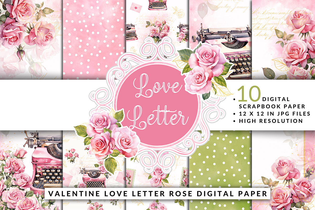 Valentine Love Letter Rose Digital Paper rendition image