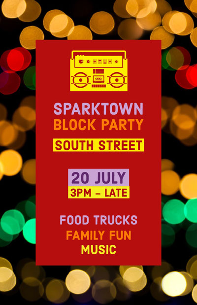 Block Party Poster Layout with Green and Orange Accents Stock