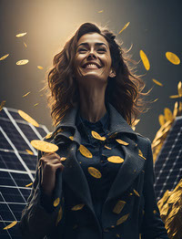 Leonardo_Diffusion_solar_panel_farm_happy_business_woman_offic_