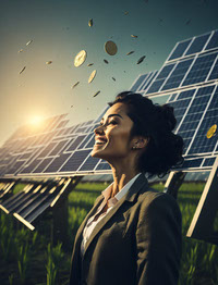 Leonardo_Diffusion_solar_panel_farm_happy_business_woman_offic_1