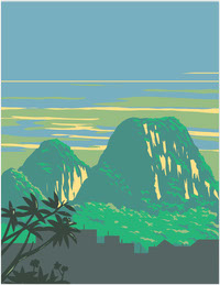 Marble Mountains or Five Elements Mountains Ngu Hanh Son District Vietnam WPA Art Deco Poster