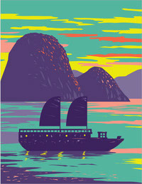 Ha Long Bay or Halong Bay with Junk Boat Vietnam WPA Art Deco Poster