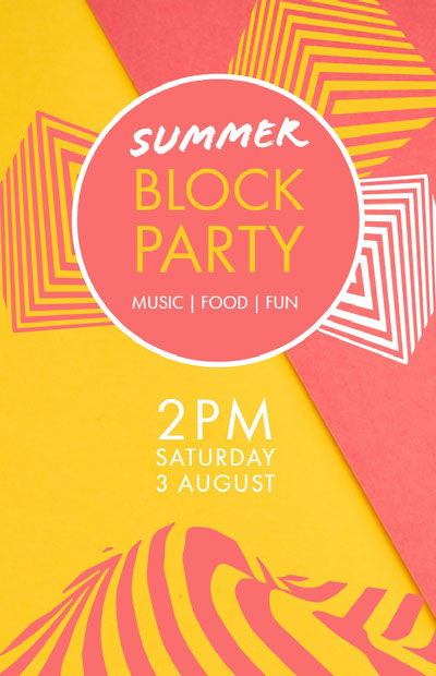 Block Party Poster Layout with Green and Orange Accents Stock
