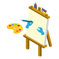 Isometric painting easel with a palette brushes and pencils