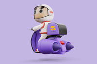 PSD delivery spaceman riding flying motorcycle with delivery box 3d rendering