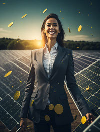 Leonardo_Diffusion_solar_panel_farm_happy_business_woman_offic_0